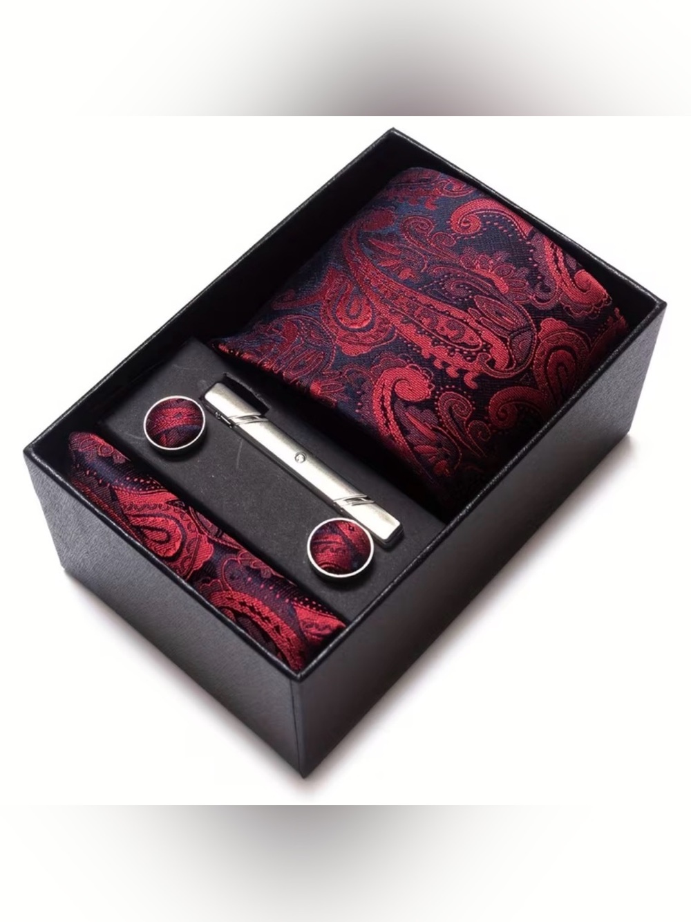 Men's Red Paisley Tie Set with Pocket Square, Tie Clip & Cufflinks